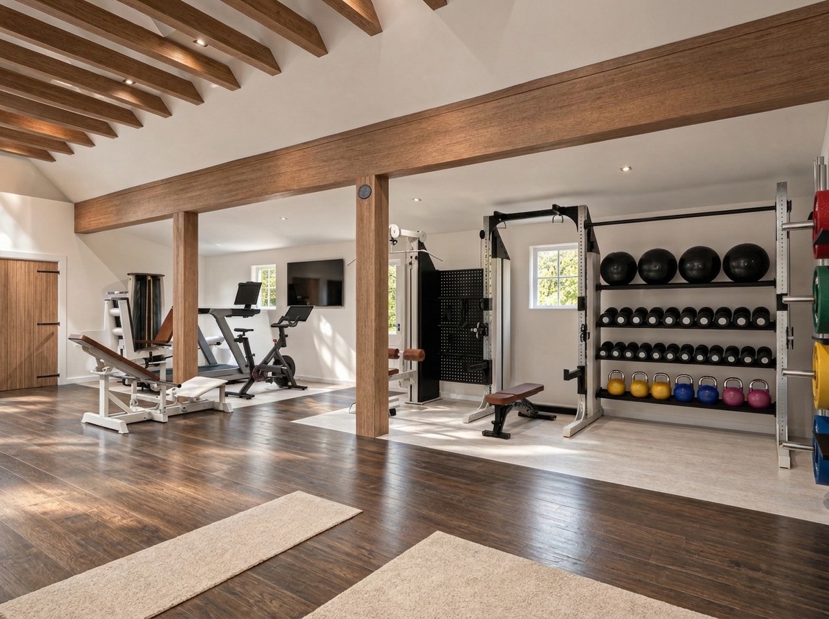 Glen Cove restored barn gym mid-project render