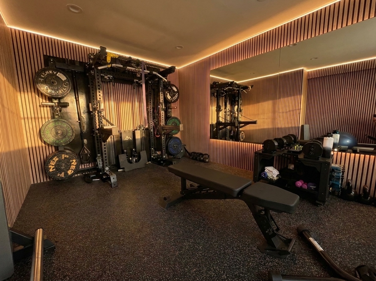 Jericho Private Estate gym with custom slatted walls and strength equipment