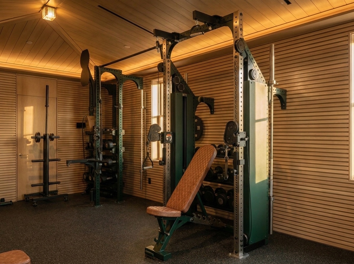 Jupiter Island Estate gym — rack and bench detail